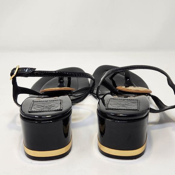 Tory Burch Black Patent Leather T Strap Thong Heel Sandal Women Size 10.5 M Shoe - Picture 7 of 10